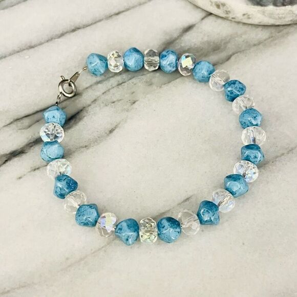 Semiprecious Stone Art Glass Beaded Bracelet Blue Clear AB Faceted Beads - Picture 1 of 5